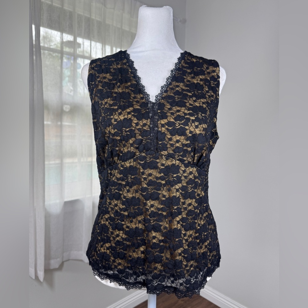 Vintage ‘00s Kathleen Kirkwood Black Lace Sleeveless Lined V-Neck Blouse